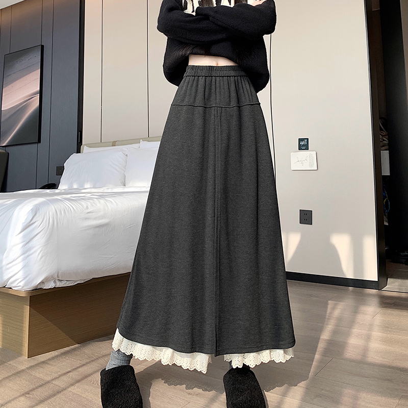 實拍~灰色蕾絲拼接裙褲秋冬新款假兩件屁簾a字長褲闊腿褲裙女