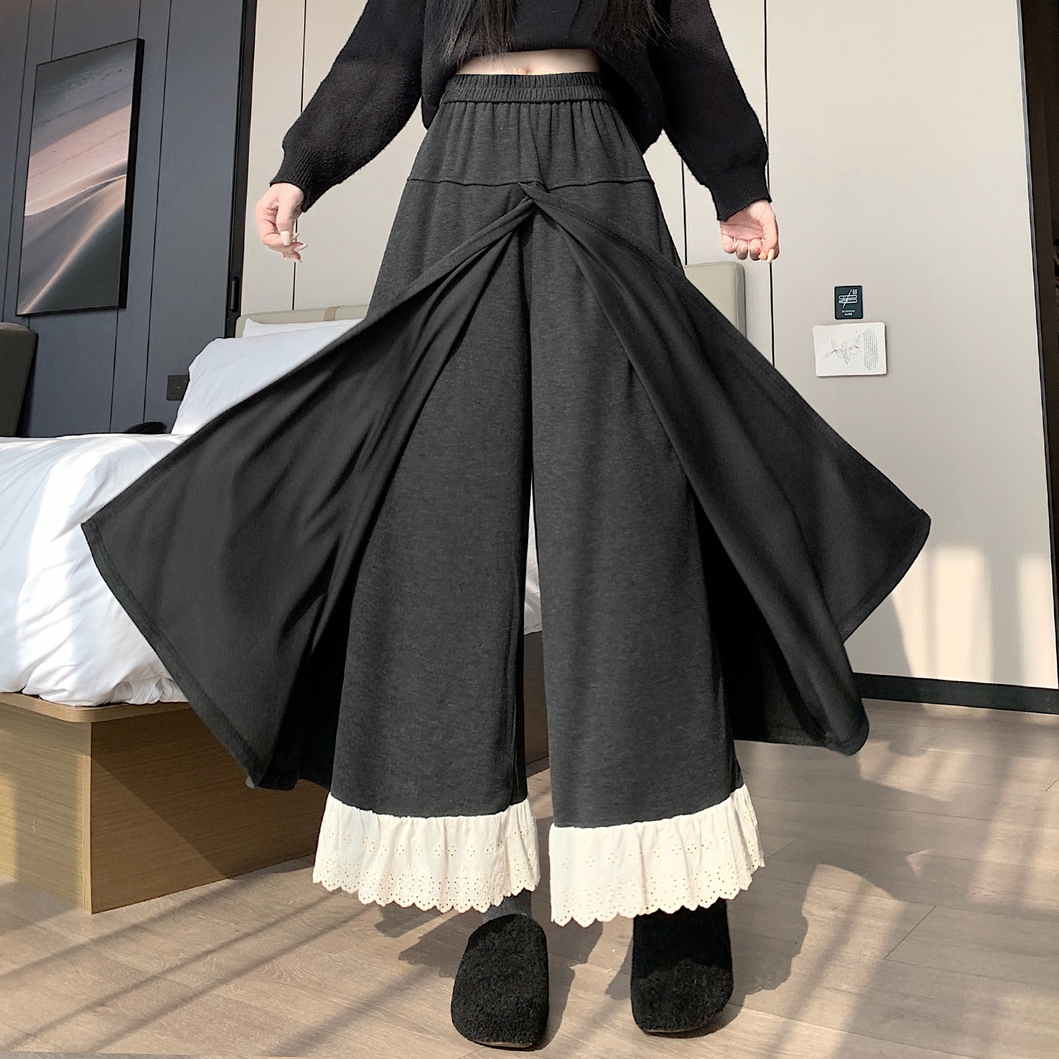 實拍~灰色蕾絲拼接裙褲秋冬新款假兩件屁簾a字長褲闊腿褲裙女