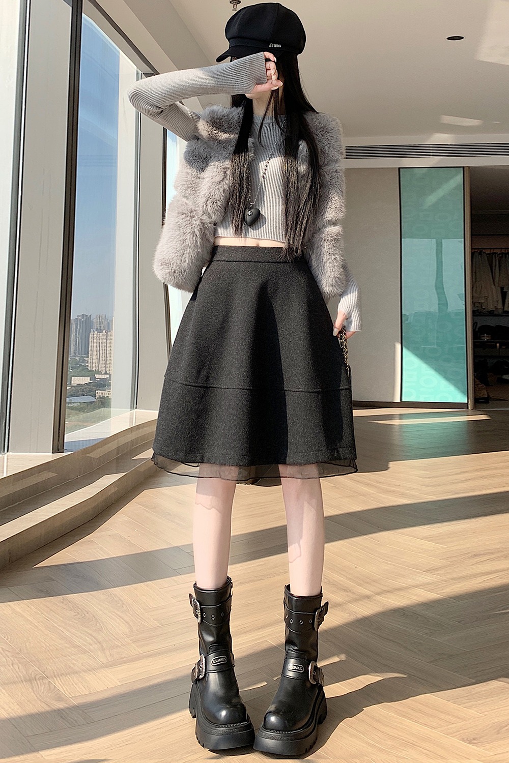 實拍~毛呢花苞半身裙女冬季新款高腰顯瘦拼接a字裙蓬蓬短裙女