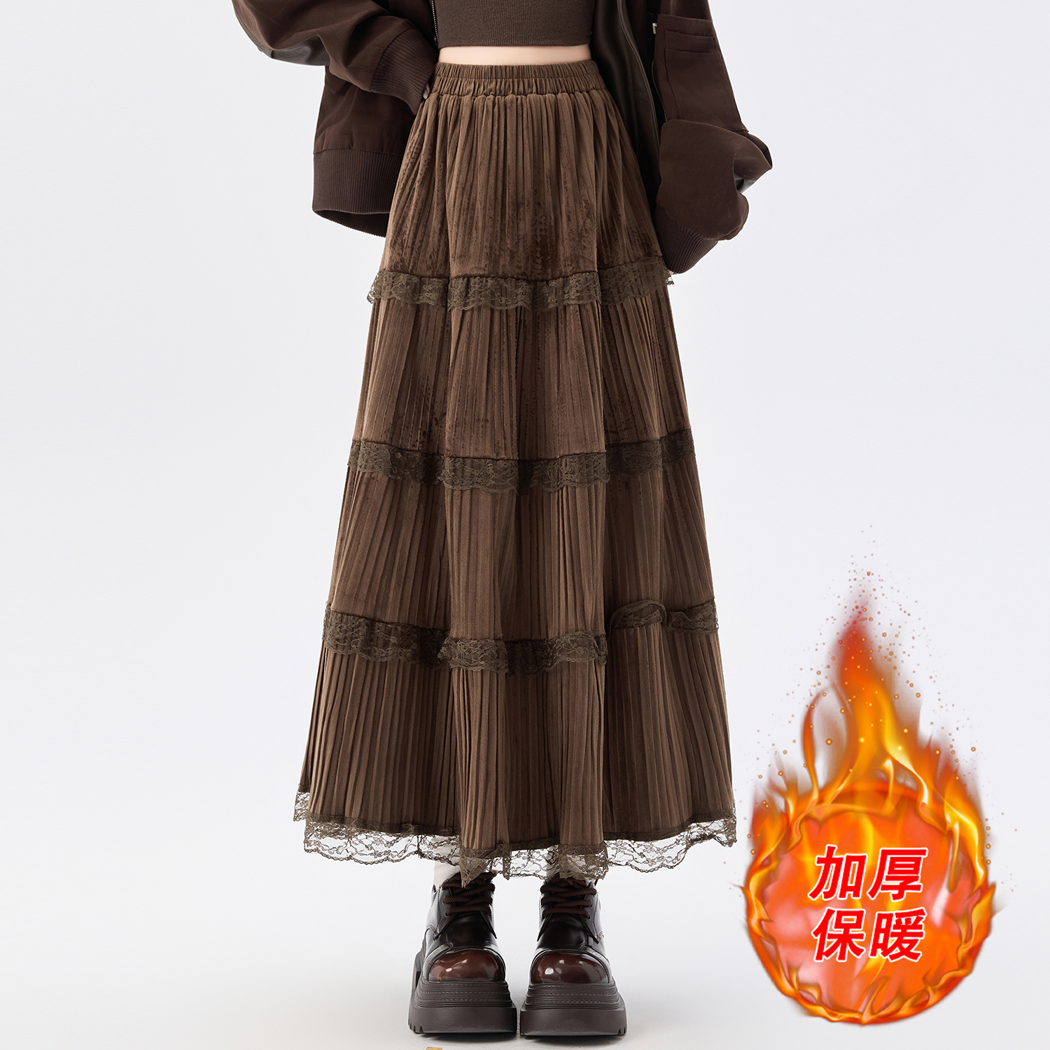 實拍~蕾絲拼接絲絨半身裙女秋冬溫柔風仙女蛋糕裙松緊腰a字長裙
