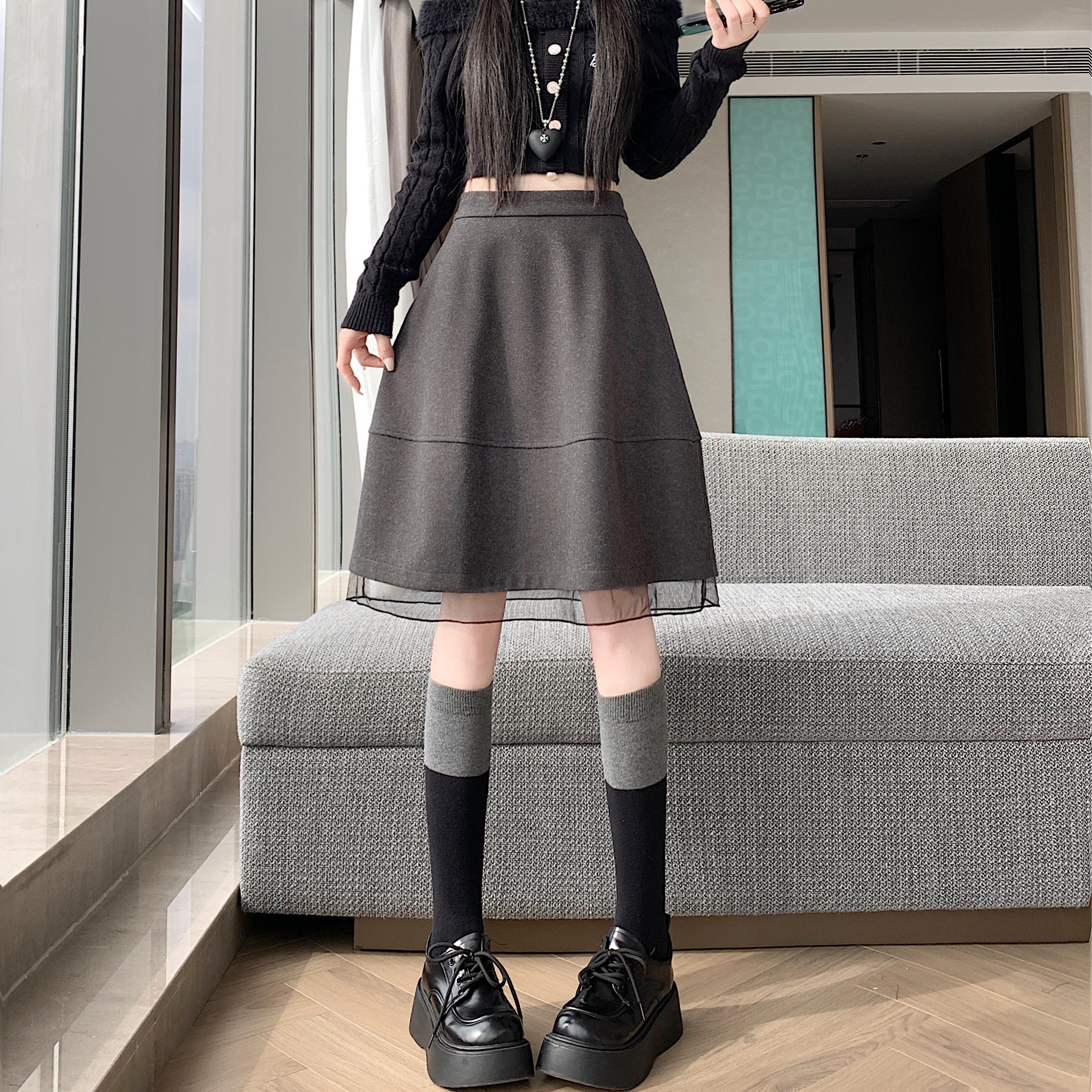 實拍~毛呢花苞半身裙女冬季新款高腰顯瘦拼接a字裙蓬蓬短裙女
