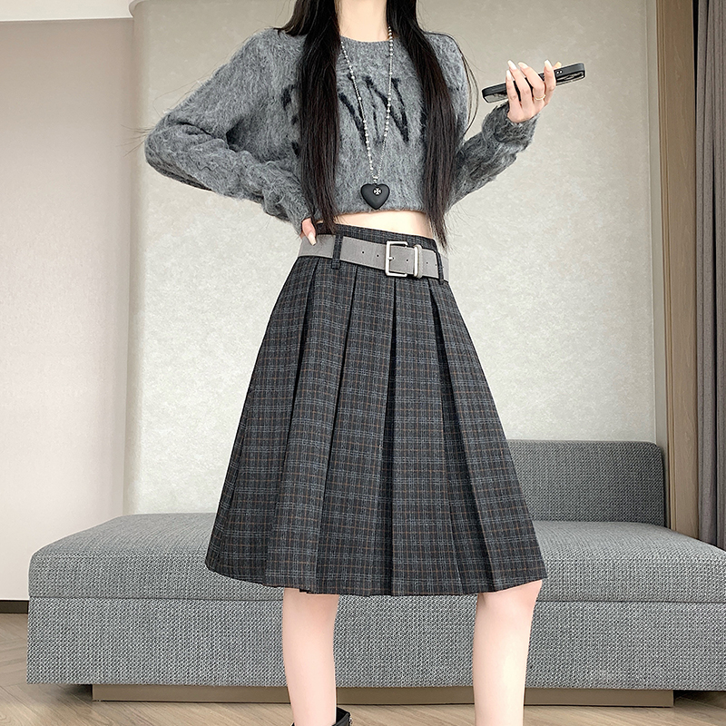 實拍~韓系復古高腰顯瘦格子半身裙女秋冬百搭毛呢中裙A字百褶裙