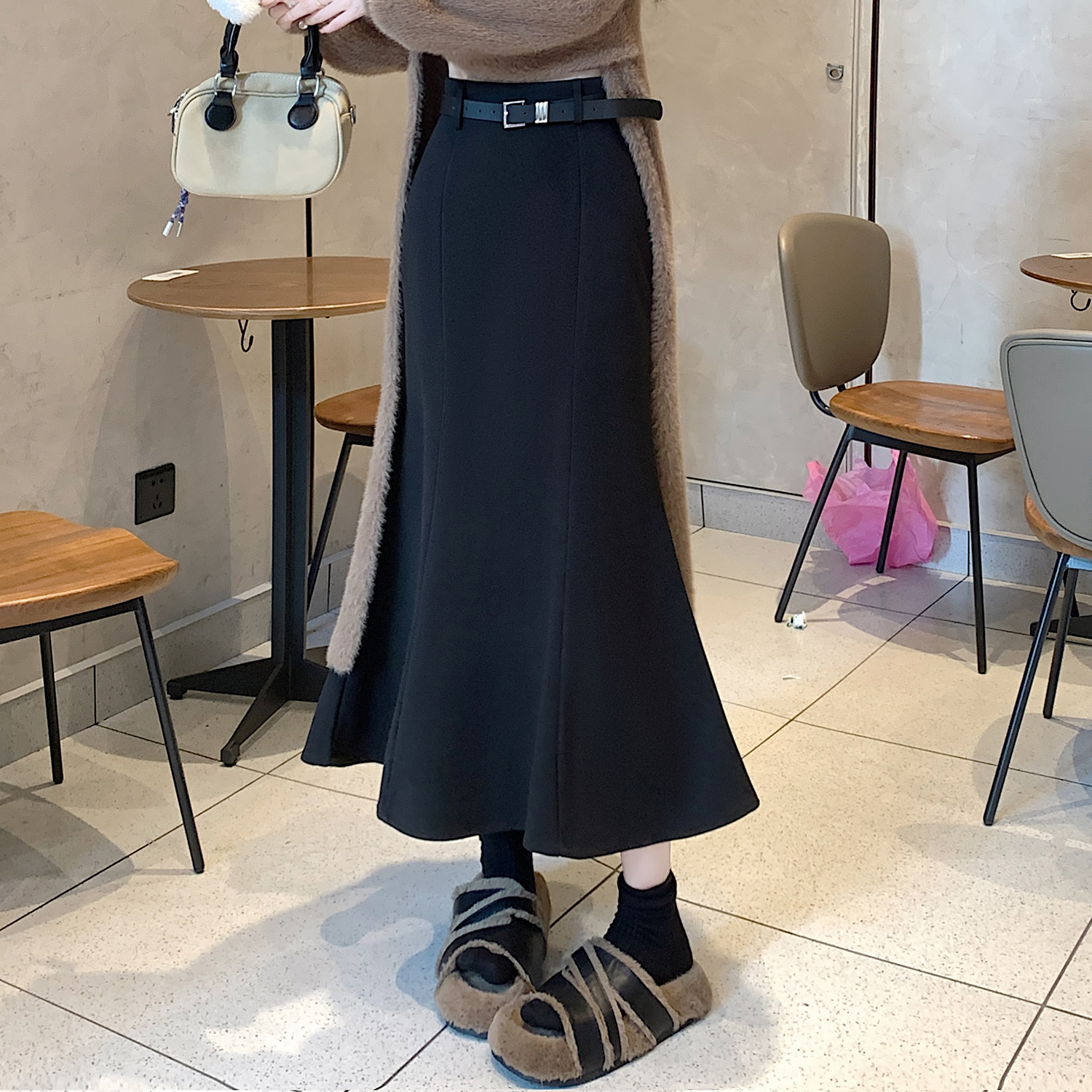 實拍~高腰魚尾毛呢半身裙女秋冬新款收腰顯瘦純欲大擺裙A字裙