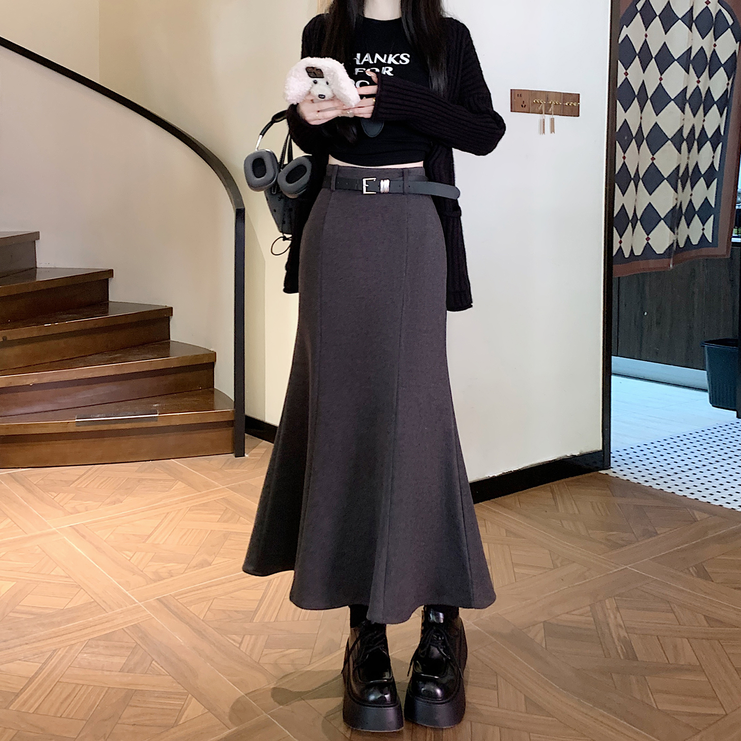 實拍~高腰魚尾毛呢半身裙女秋冬新款收腰顯瘦純欲大擺裙A字裙