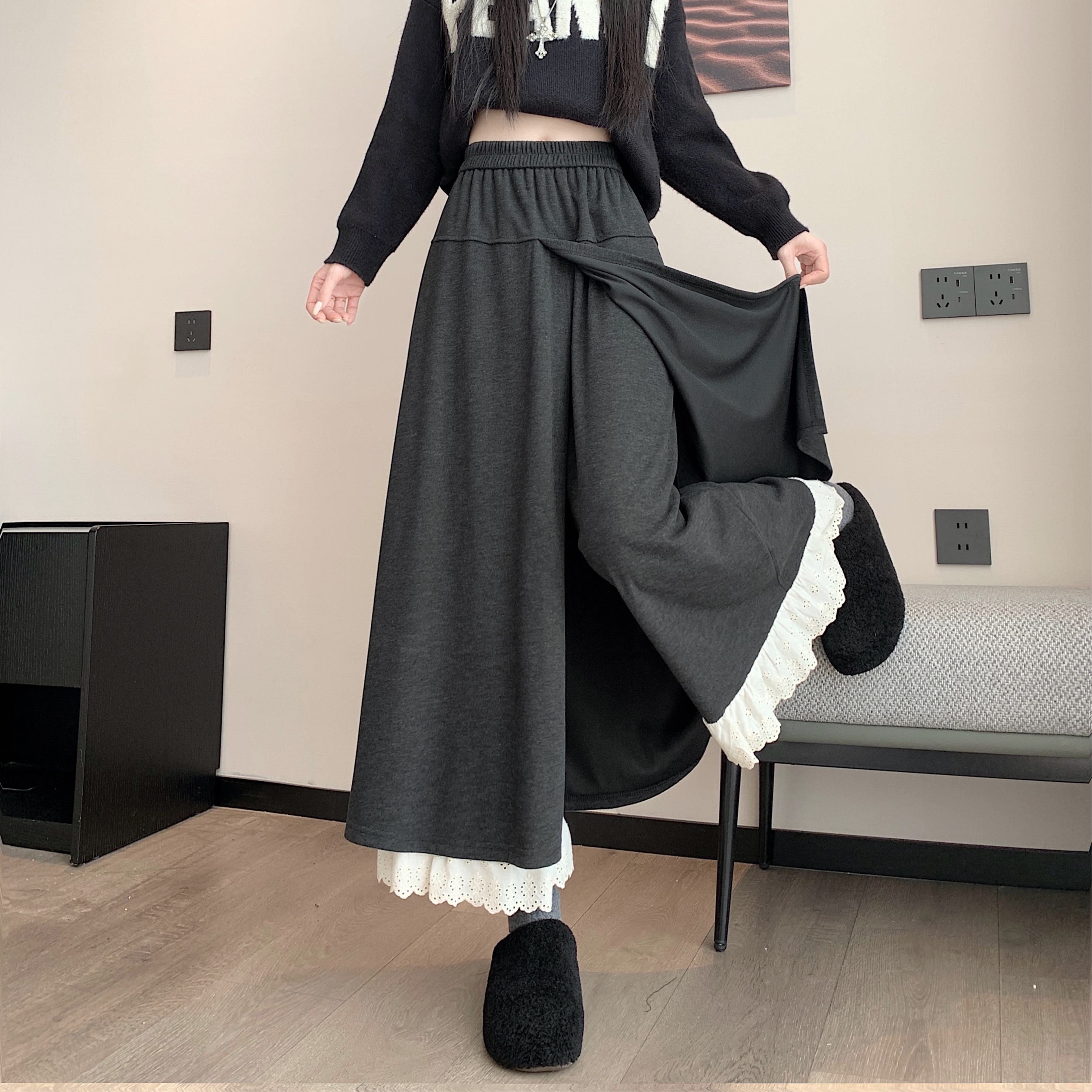 實拍~灰色蕾絲拼接裙褲秋冬新款假兩件屁簾a字長褲闊腿褲裙女