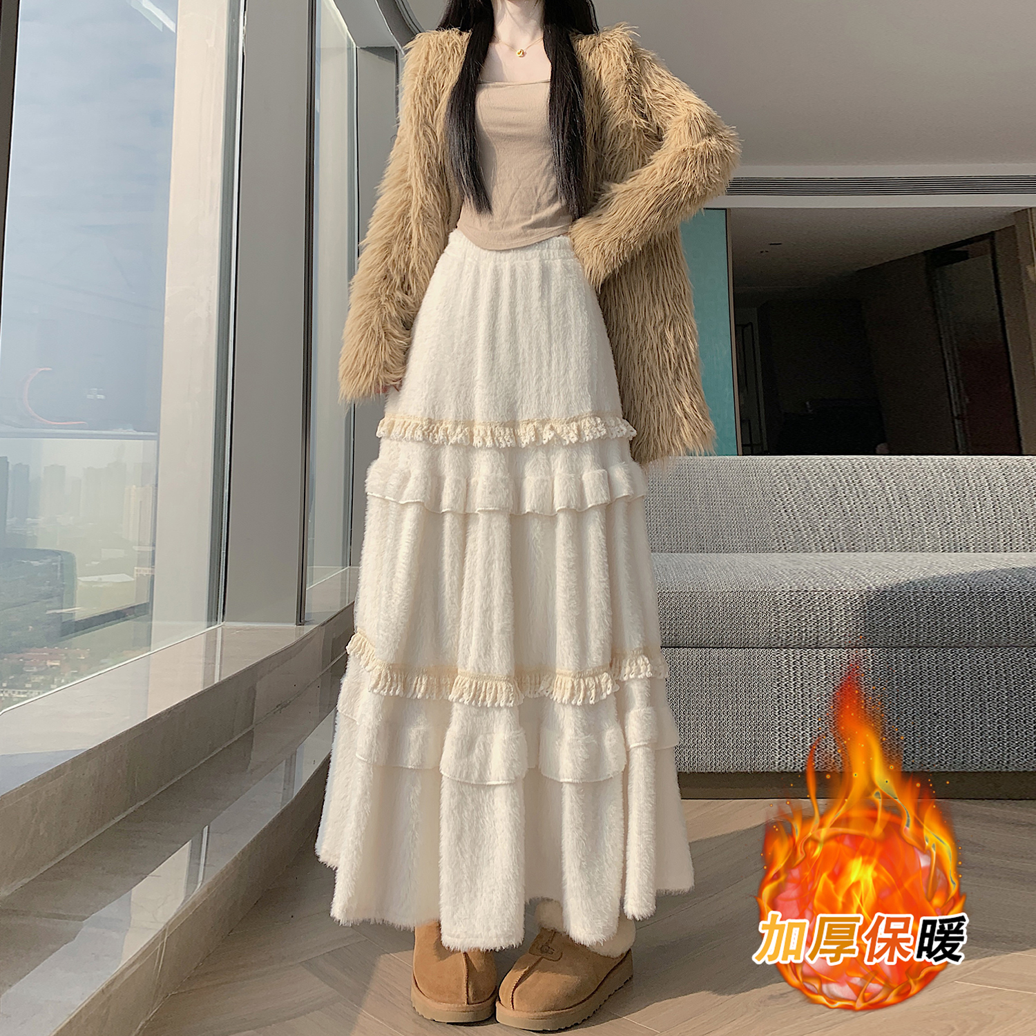 實拍~重工蕾絲花邊毛絨半身裙女冬季新款溫柔風仙女蛋糕長裙