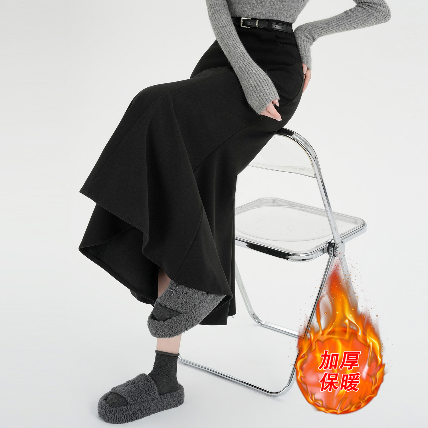 實拍加厚毛呢魚尾半身裙女秋冬不規則拼接氣質長裙高腰包臀一步裙