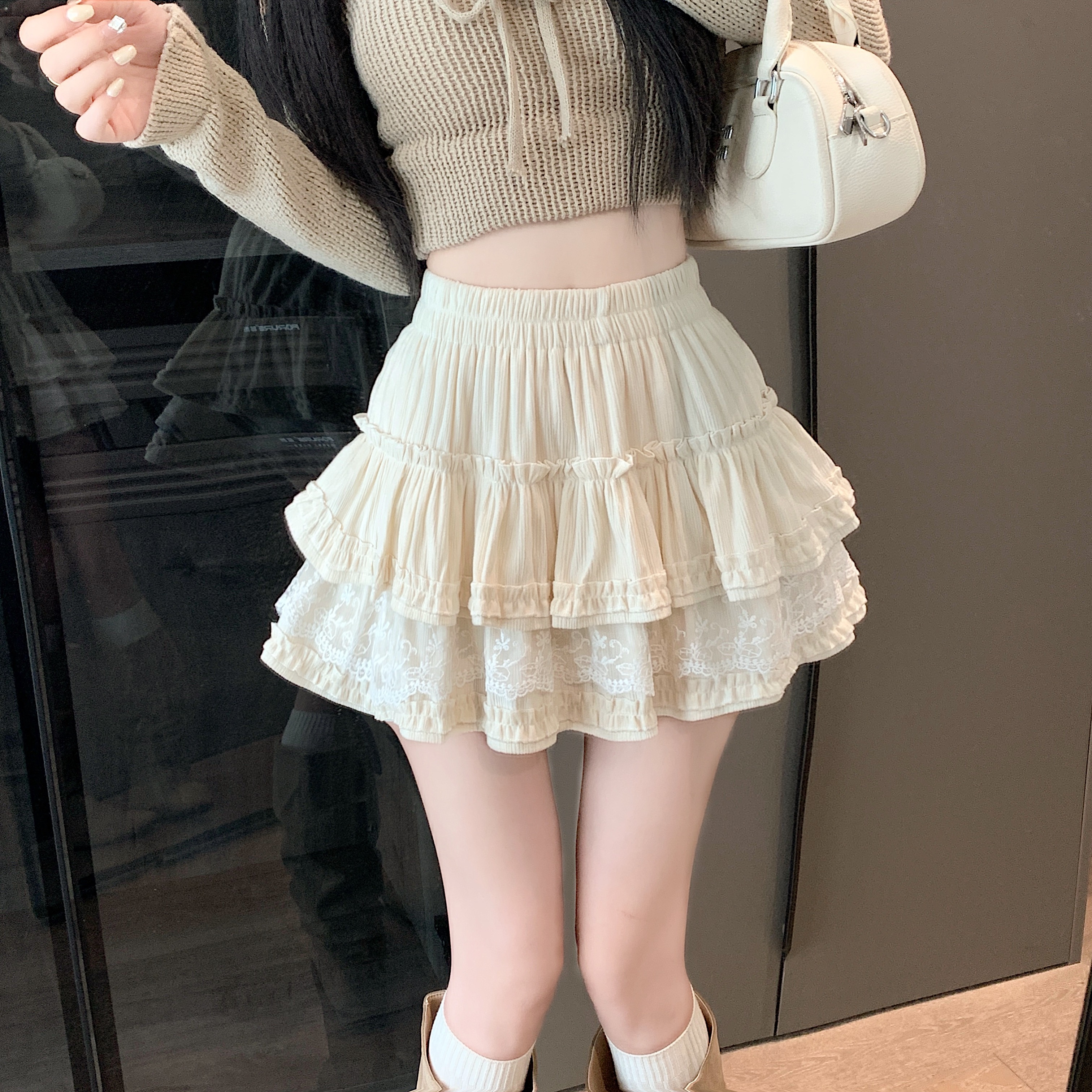 實拍~甜美蕾絲蛋糕高腰半身裙女秋冬新款a字顯瘦百搭蓬蓬時尚短裙
