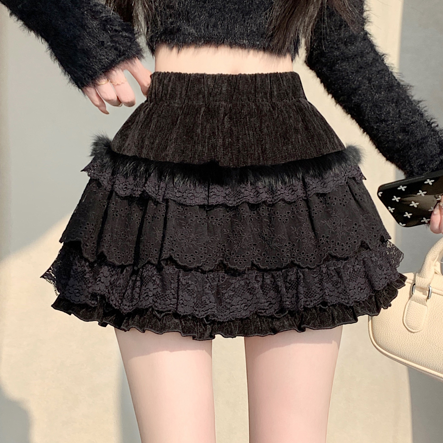 實拍~韓系蕾絲半身裙女冬季新款高腰A字短裙百搭顯瘦蛋糕裙蓬蓬裙