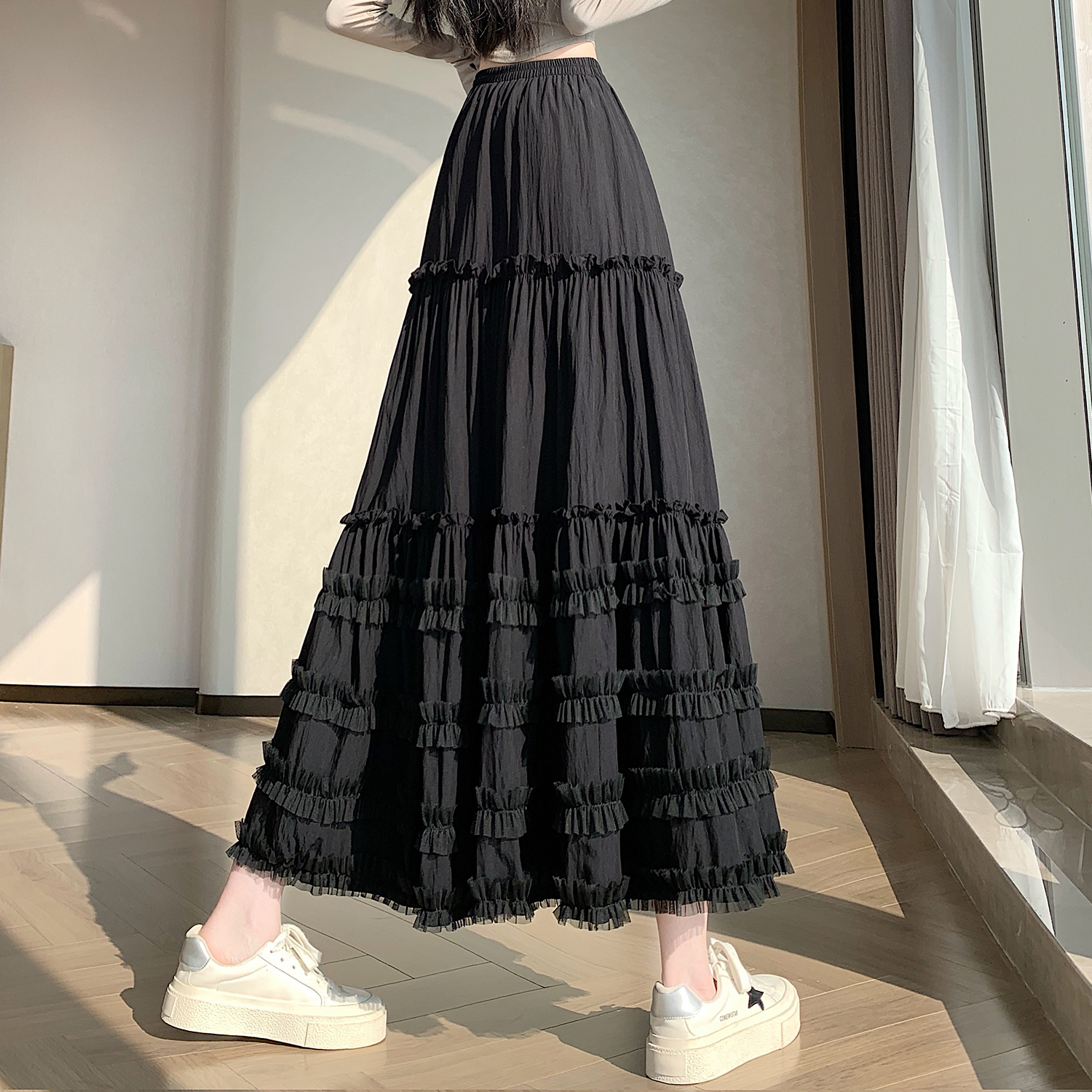 實拍~韓版溫柔風木耳邊拼接蛋糕半身裙女高腰顯瘦A字寬松大擺裙