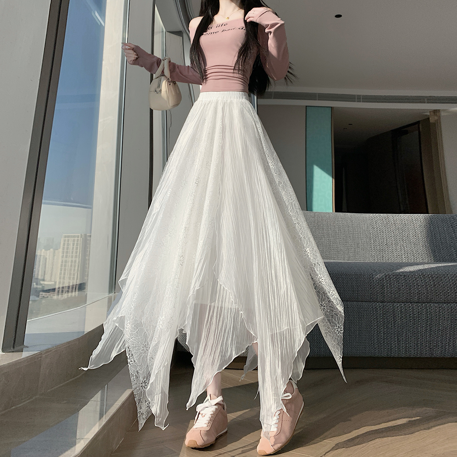 實拍~不規則蕾絲拼接蓬蓬半身裙女2026春季新款高腰A字寬松大擺裙