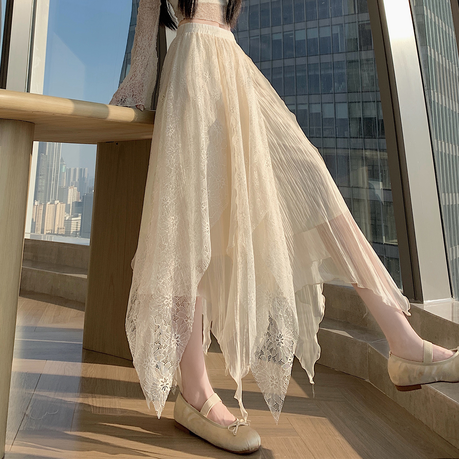 實拍~不規則蕾絲拼接蓬蓬半身裙女2026春季新款高腰A字寬松大擺裙