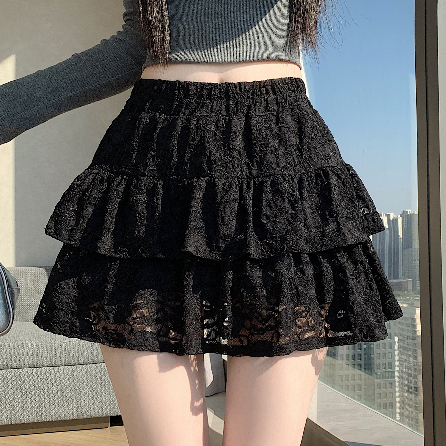 實拍~甜美蕾絲鏤空蓬蓬半身裙女春季新款荷葉邊高腰A字層層蛋糕裙