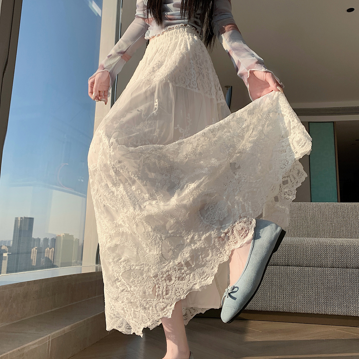 實拍~法式重工白色蕾絲半身裙女春夏新款設計感高腰顯瘦大擺a字裙