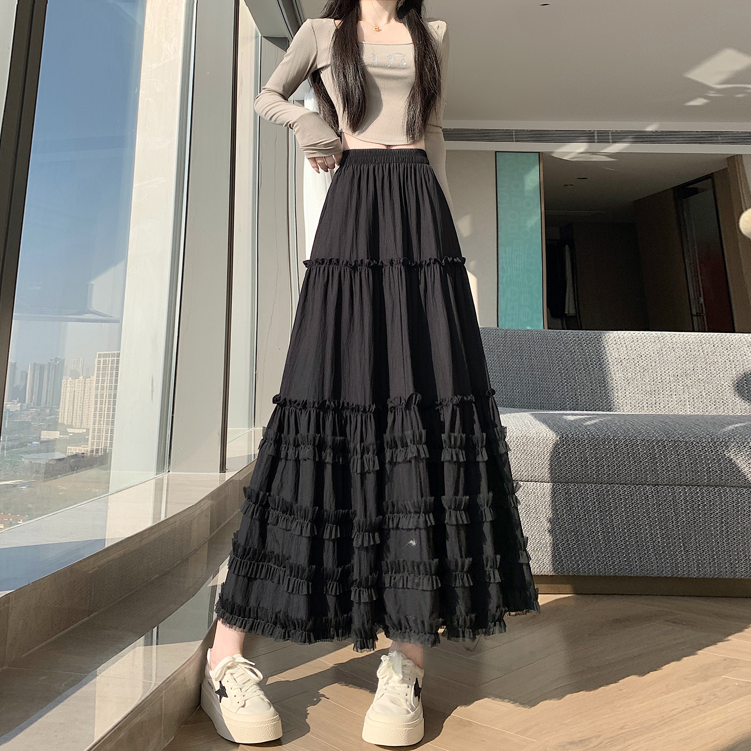 實拍~韓版溫柔風木耳邊拼接蛋糕半身裙女高腰顯瘦A字寬松大擺裙