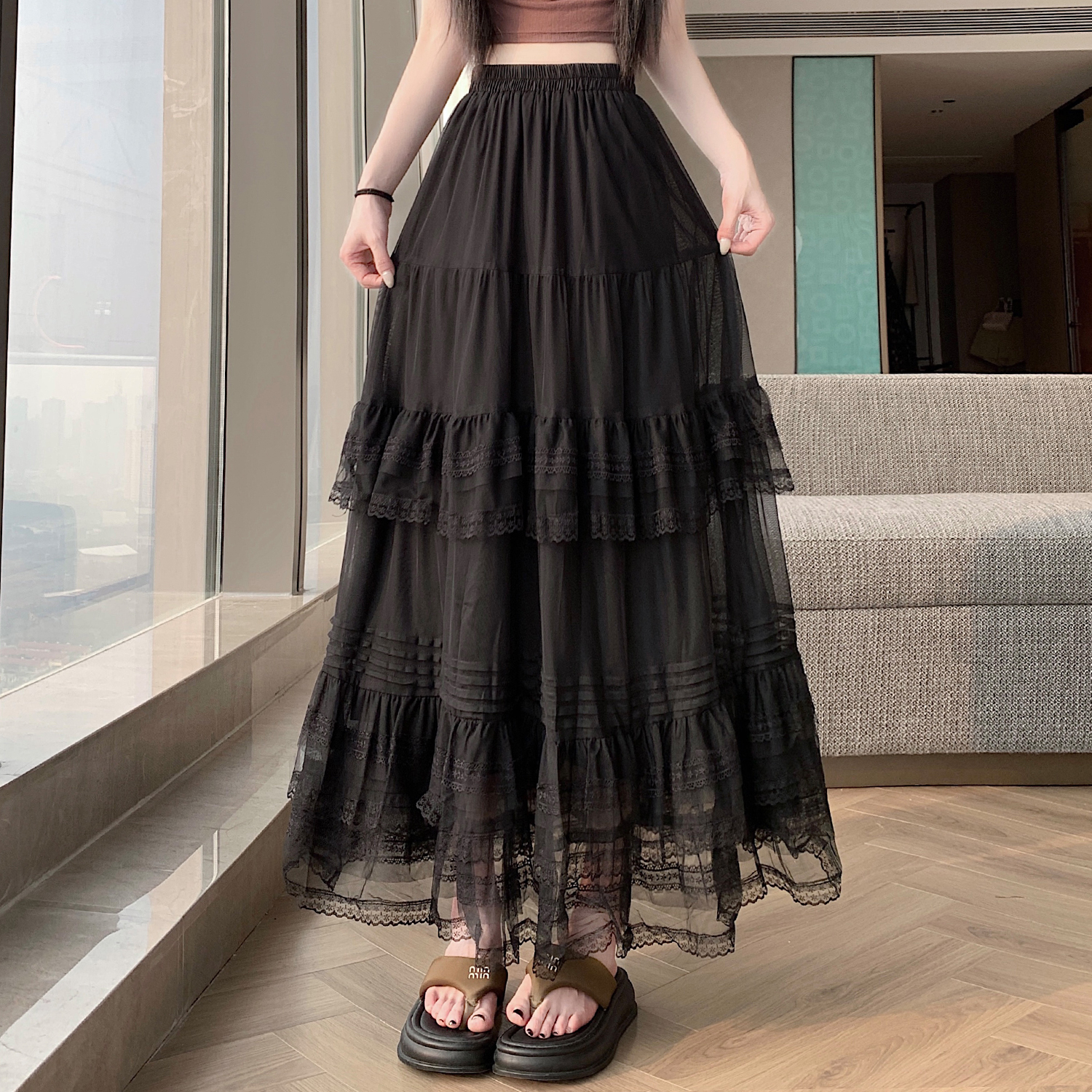 實拍~韓系蕾絲拼接芭蕾風半身裙女氣質高級休閑垂感甜美a字中長裙