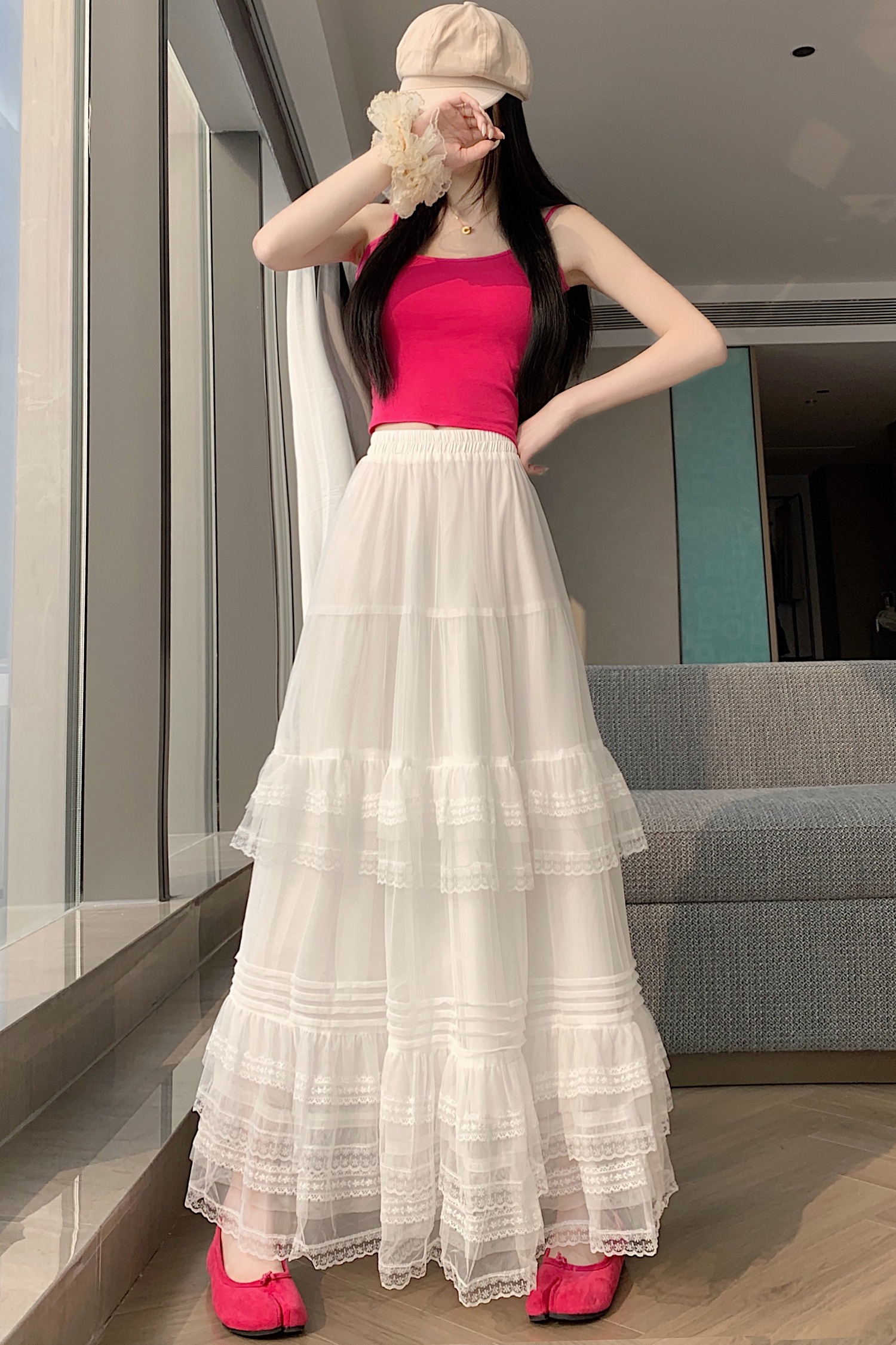 實拍~韓系蕾絲拼接芭蕾風半身裙女氣質高級休閑垂感甜美a字中長裙