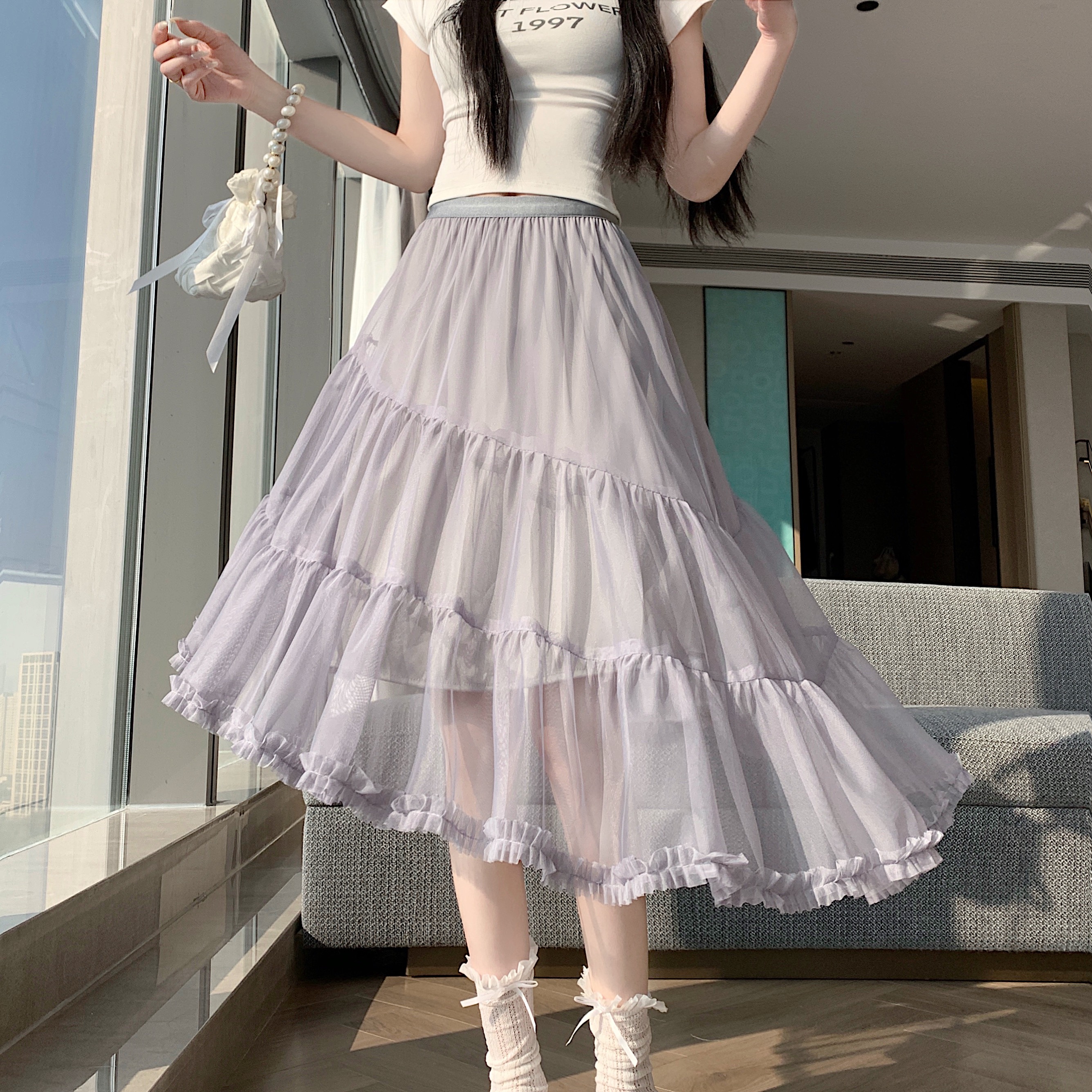 實拍~夏季新款甜美淑女風網紗蛋糕裙女高腰百搭中長裙氣質半身裙