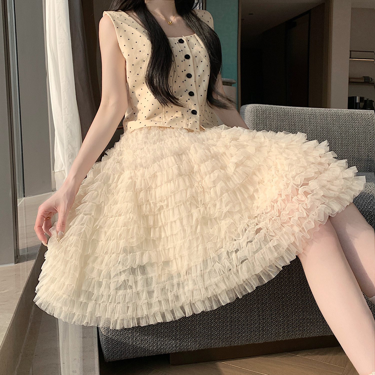 實拍~網紗百褶裙蛋糕半身裙女夏季小個子高腰顯瘦a字中裙蓬蓬裙