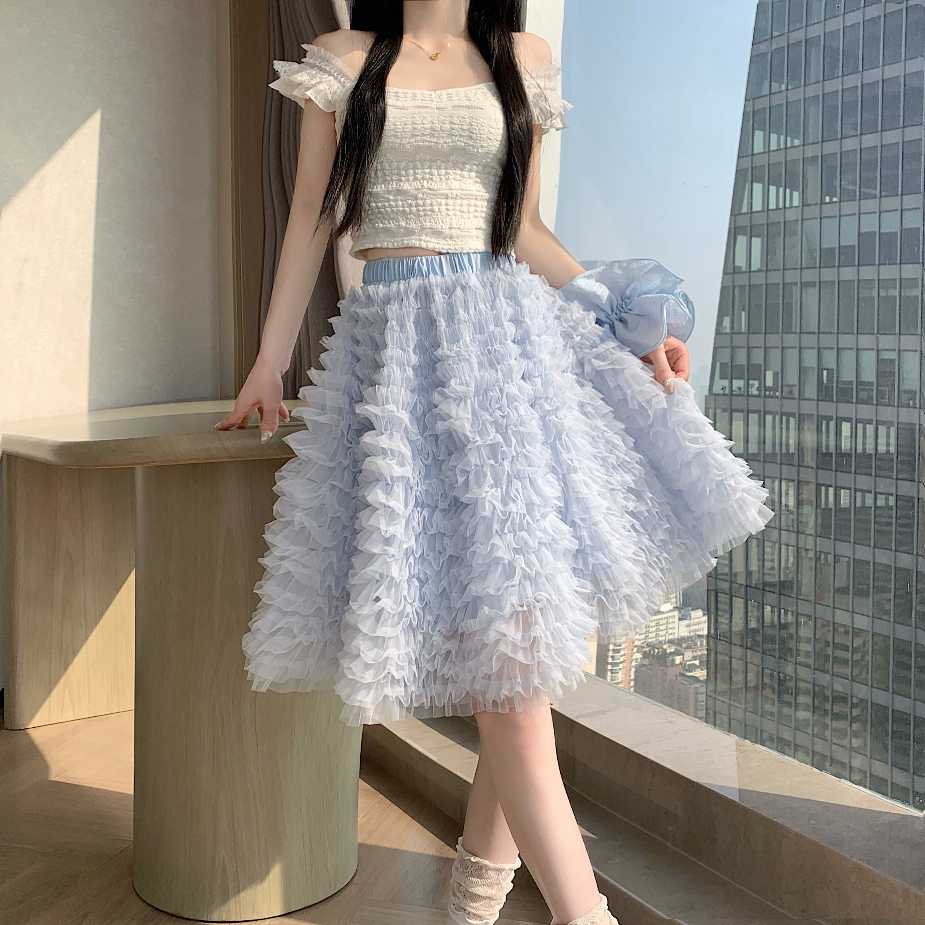 實拍~網紗百褶裙蛋糕半身裙女夏季小個子高腰顯瘦a字中裙蓬蓬裙