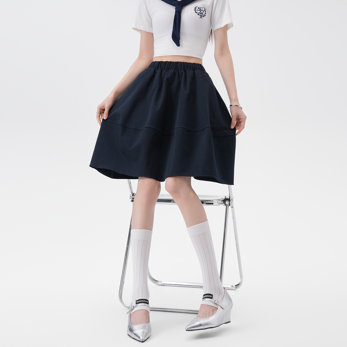 實拍 夏季白色花苞半身裙女高腰a字顯瘦小個子蓬蓬裙松緊腰中裙