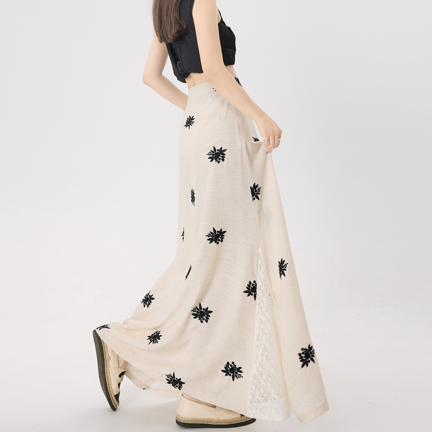 實拍~亞麻刺繡蕾絲拼接半身裙女2026夏季新款a字中長款設計感裙子