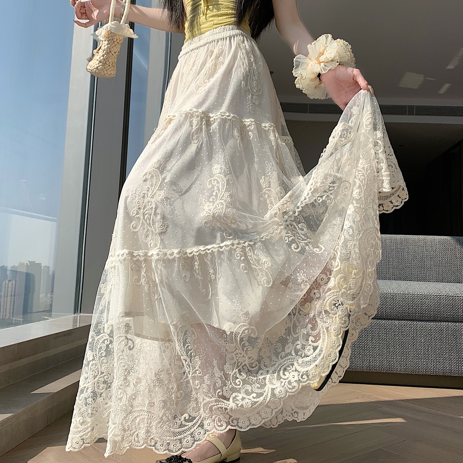 實拍~法式浪漫風重工刺繡網紗半身裙女夏季百搭顯瘦蕾絲a字長裙子