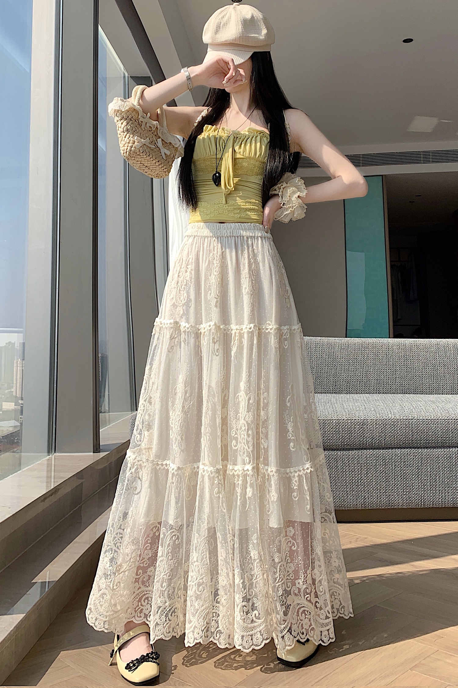 實拍~法式浪漫風重工刺繡網紗半身裙女夏季百搭顯瘦蕾絲a字長裙子