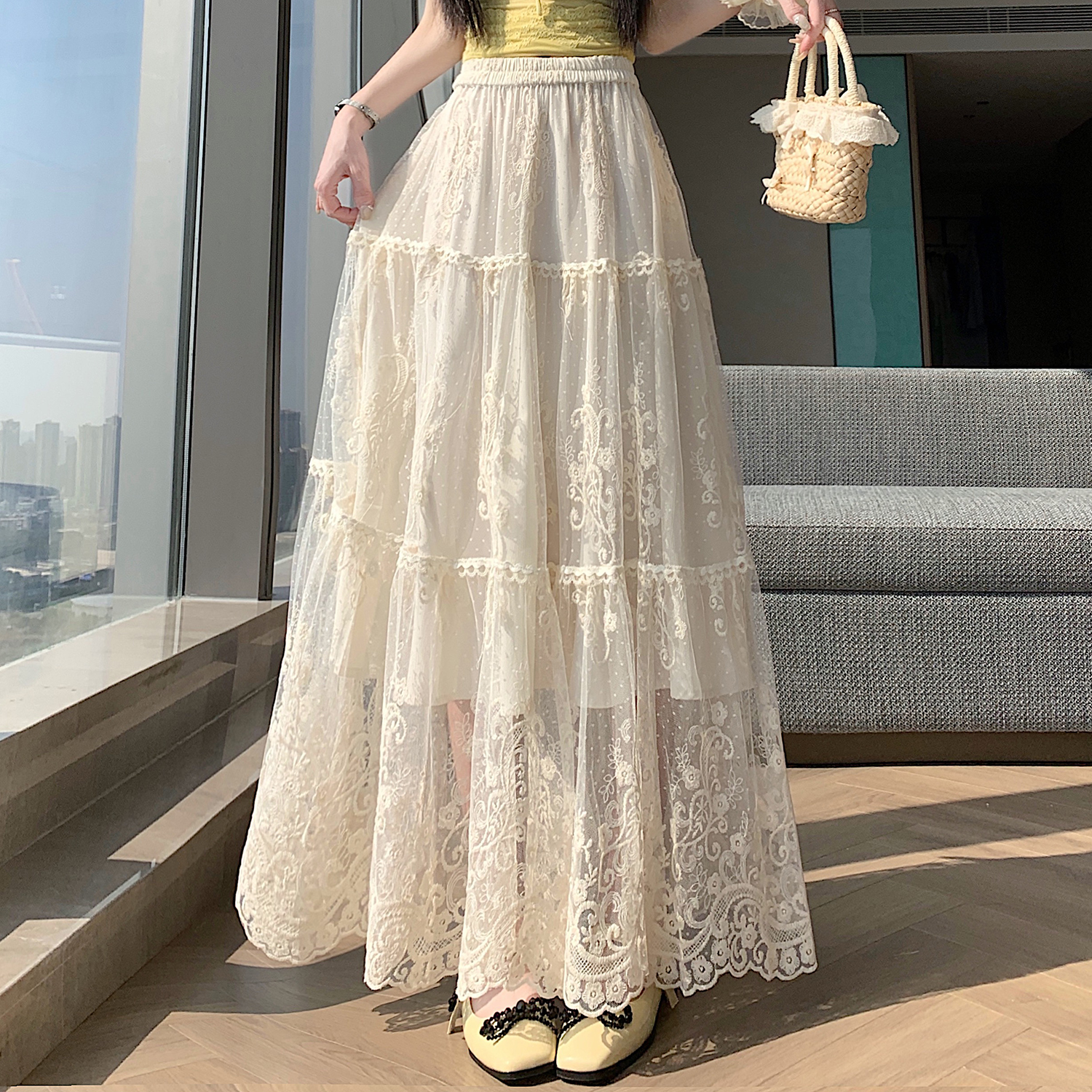 實拍~法式浪漫風重工刺繡網紗半身裙女夏季百搭顯瘦蕾絲a字長裙子