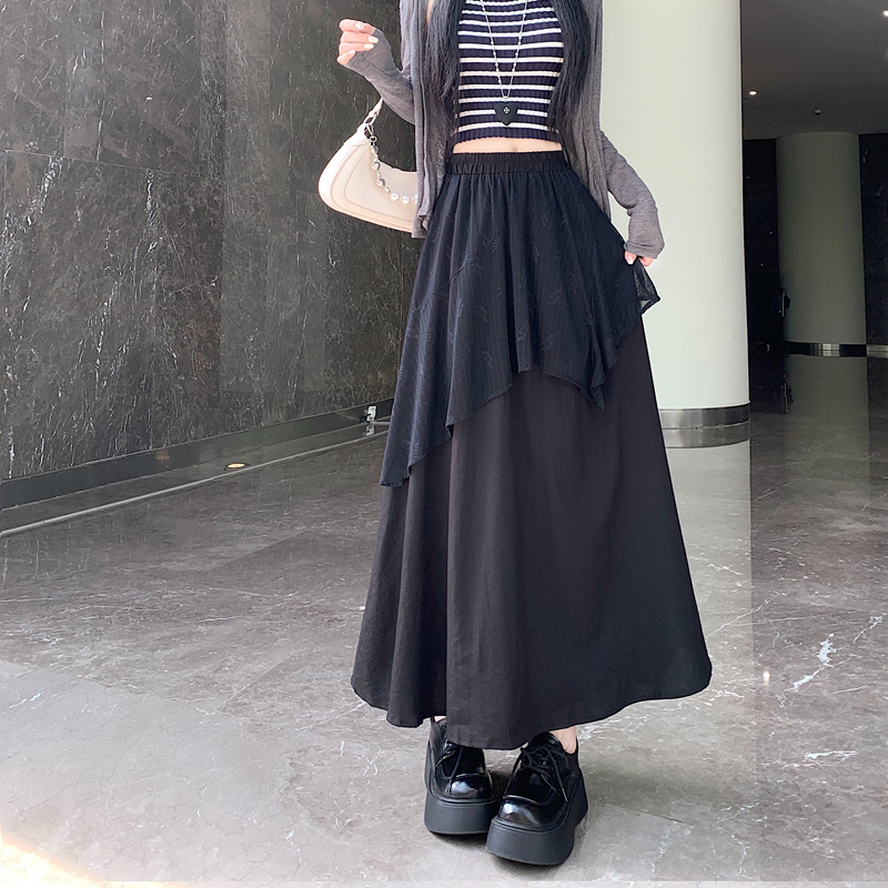 實拍 設計感韓版不規則拼接蕾絲荷葉邊蛋糕裙女高腰顯瘦A字傘裙