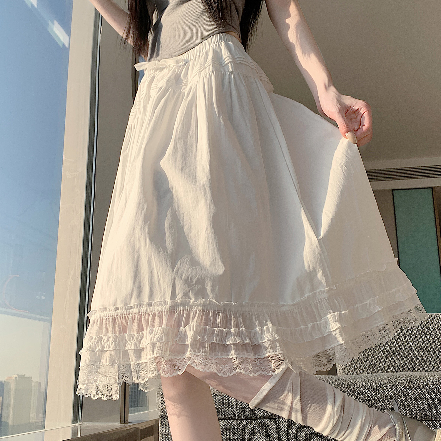 實拍~法式蕾絲花邊松緊腰半身裙女夏季新款實時溫柔氣質中裙a字裙