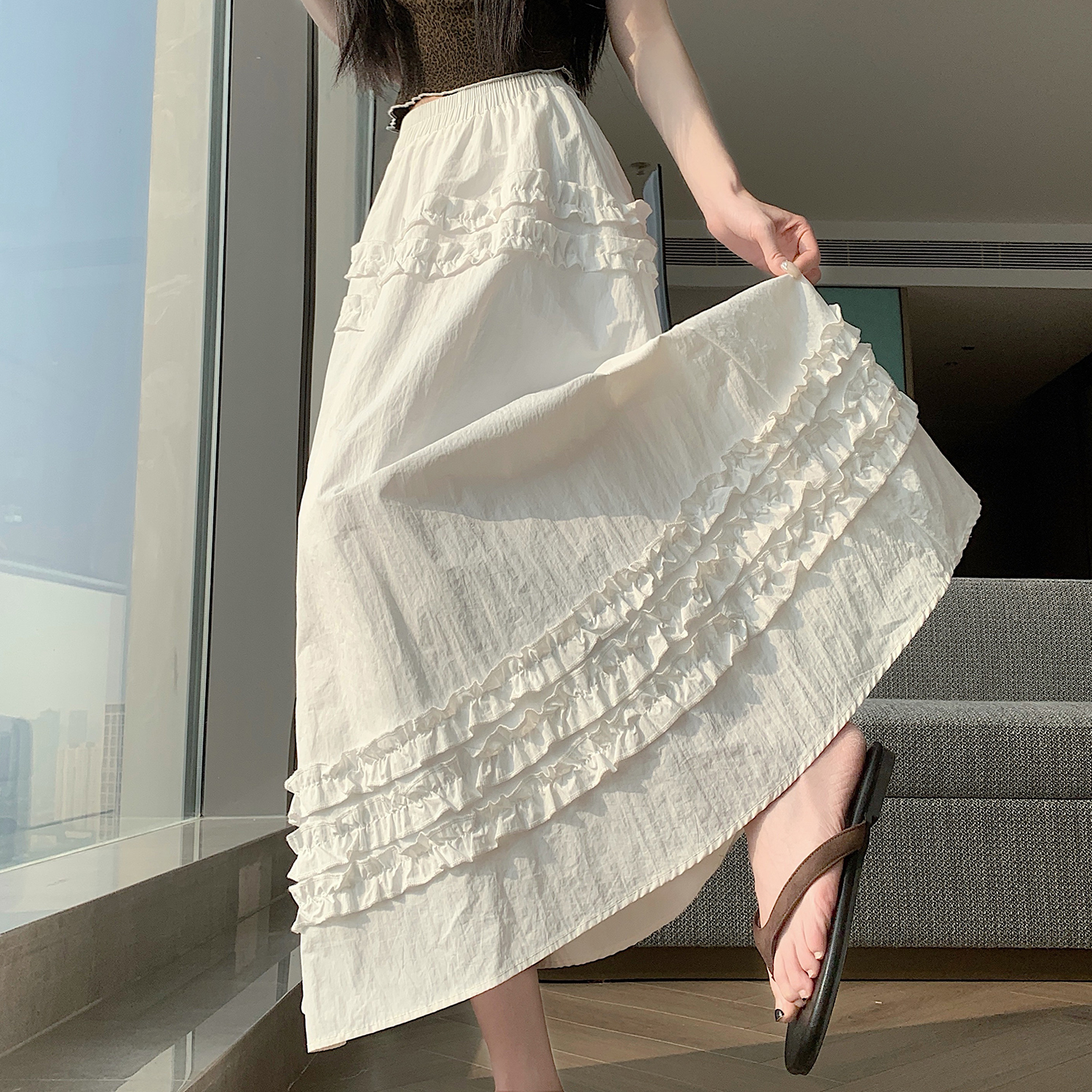 實拍 白色半身裙女夏季新款A字大擺長裙木耳花邊蓬蓬傘裙蛋糕裙