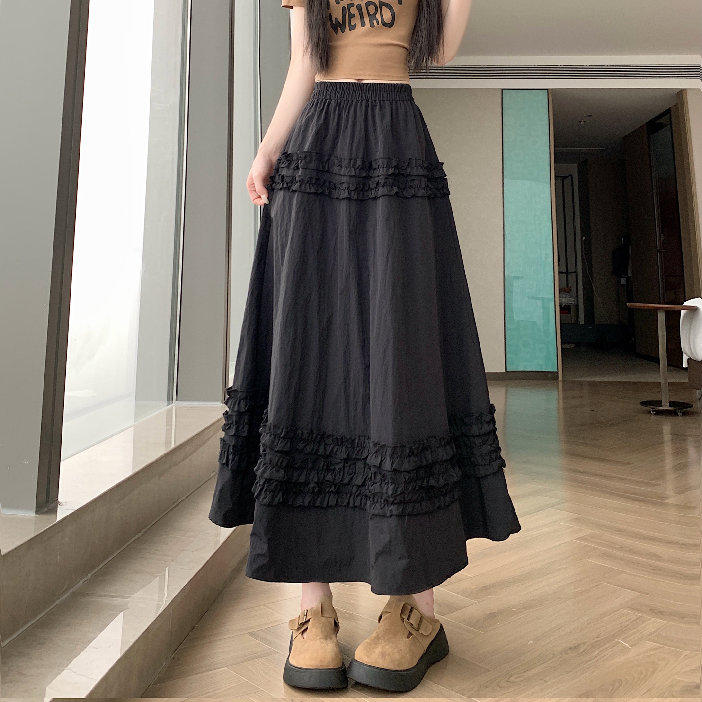 實拍 白色半身裙女夏季新款A字大擺長裙木耳花邊蓬蓬傘裙蛋糕裙