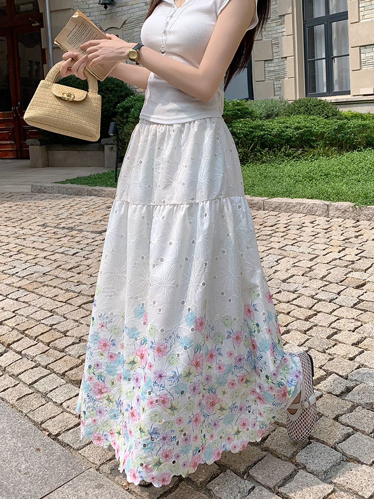 實拍~法式甜美重工刺繡印花半身裙女高腰顯瘦中長款仙女裙a字長裙