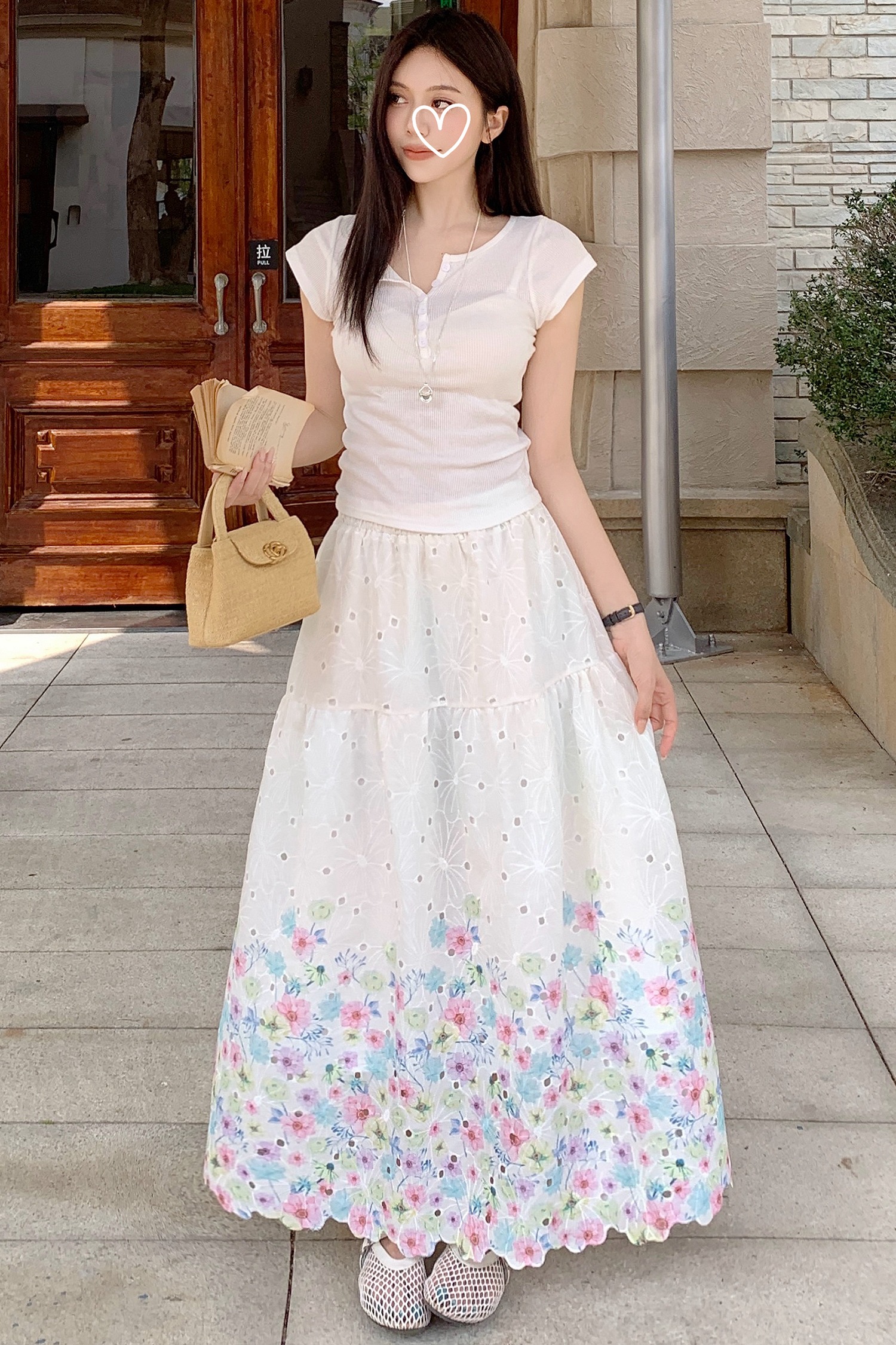 實拍~法式甜美重工刺繡印花半身裙女高腰顯瘦中長款仙女裙a字長裙