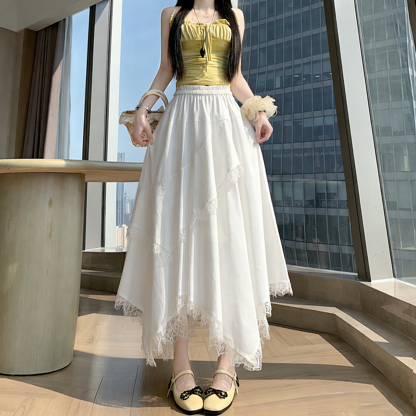實拍 不規則蕾絲花邊長裙半身裙女2026春夏新款顯瘦百搭a字半裙