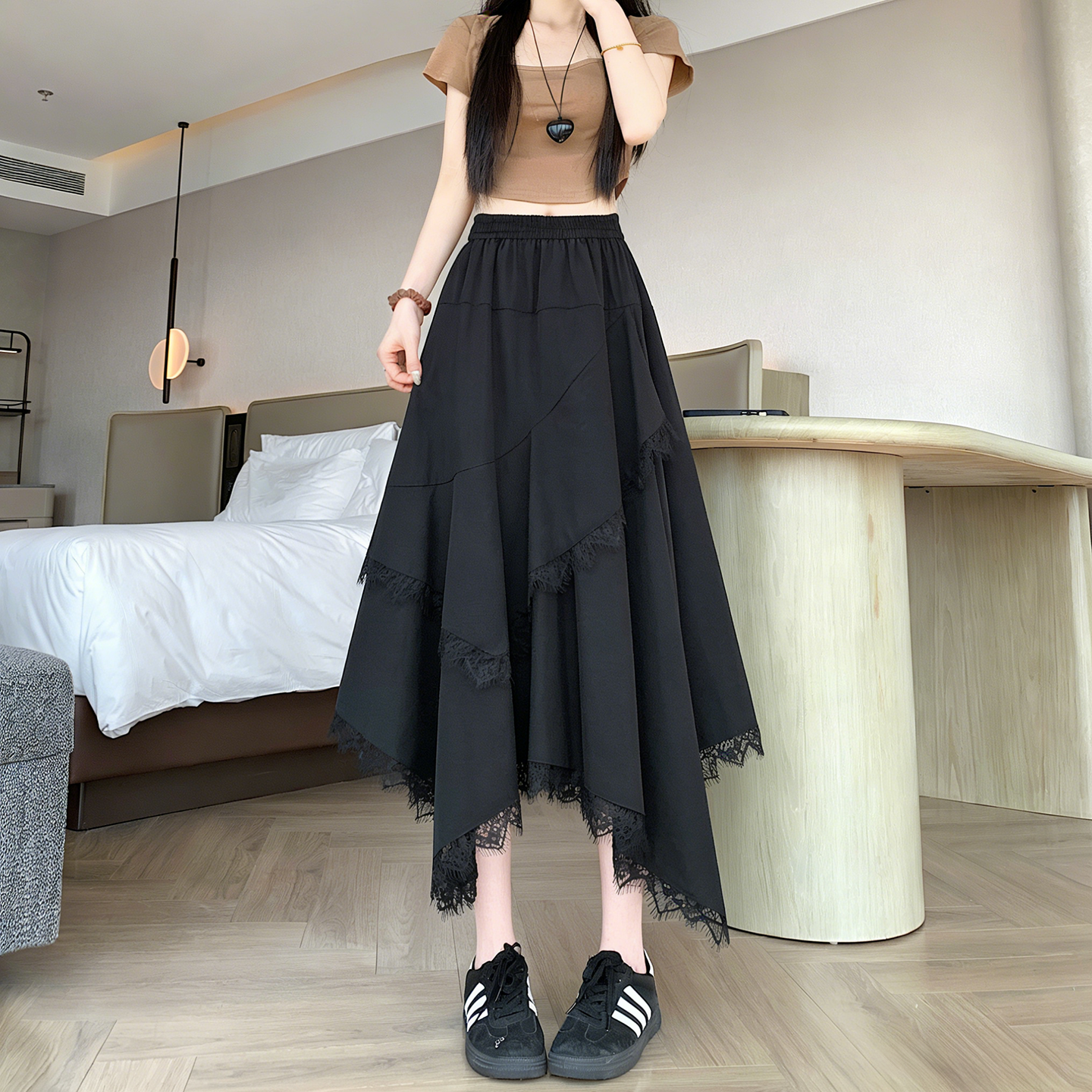實拍 不規則蕾絲花邊長裙半身裙女2026春夏新款顯瘦百搭a字半裙