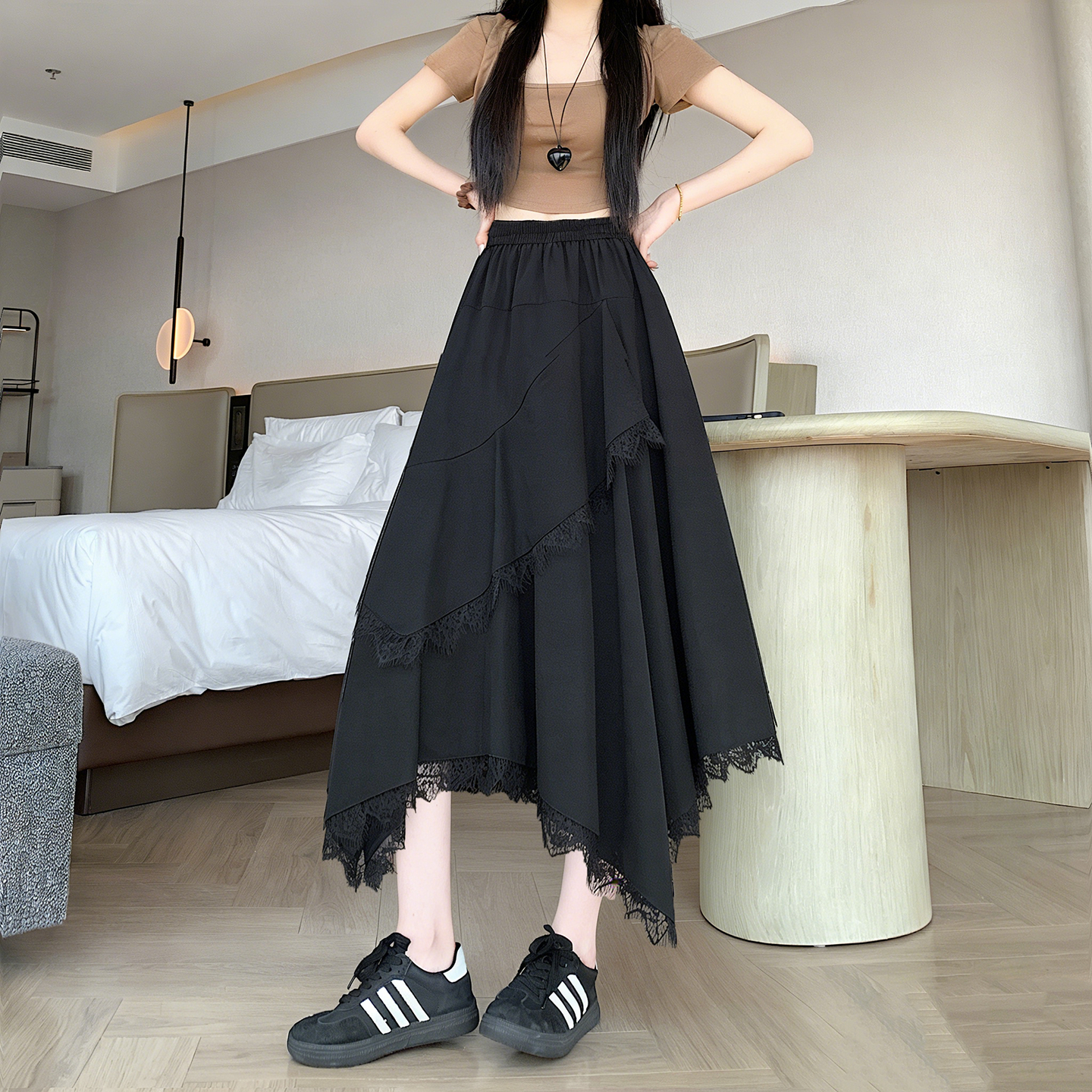 實拍 不規則蕾絲花邊長裙半身裙女2026春夏新款顯瘦百搭a字半裙