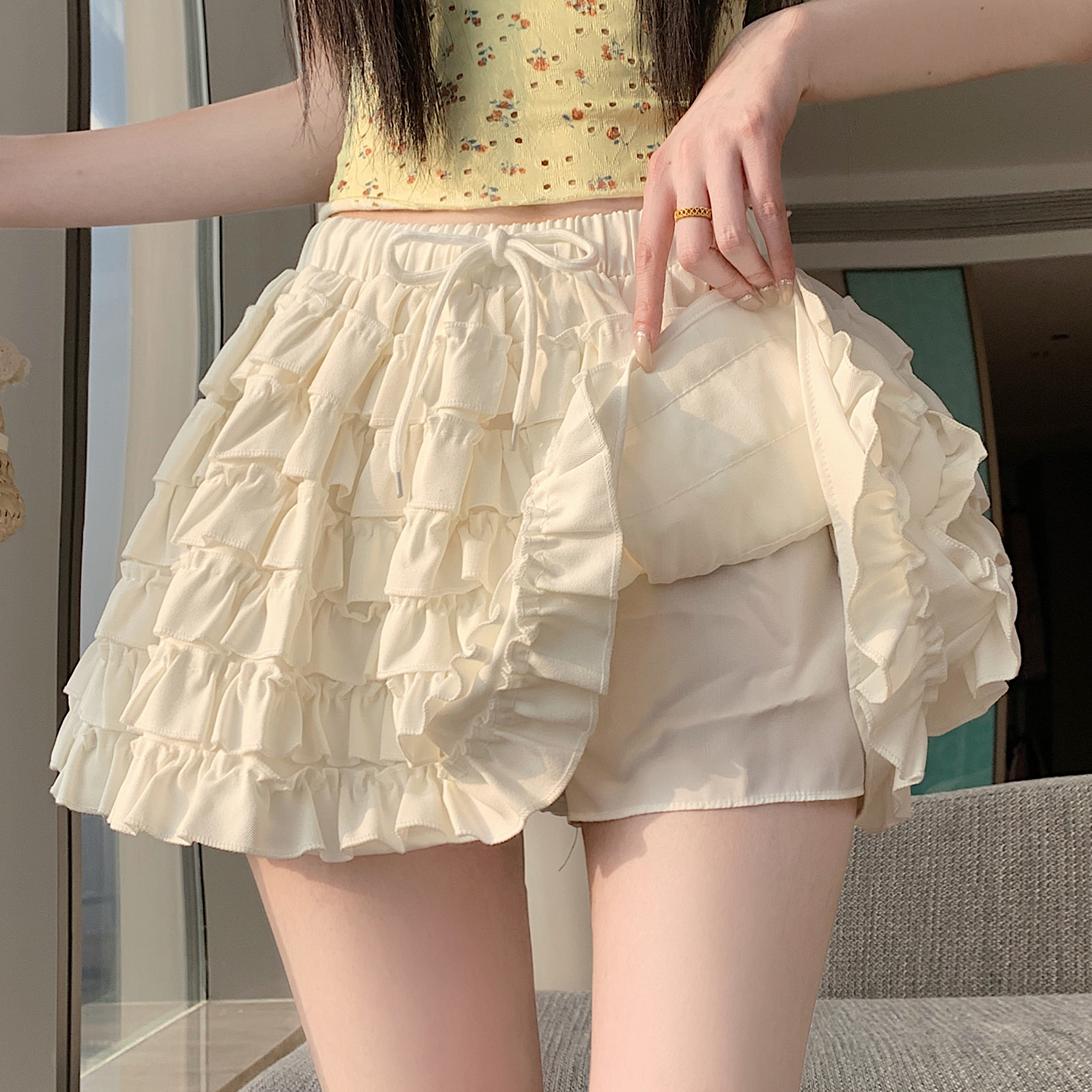 實拍~甜美少女千層木耳花邊高腰A字蛋糕短裙夏季新款芭蕾風半身裙