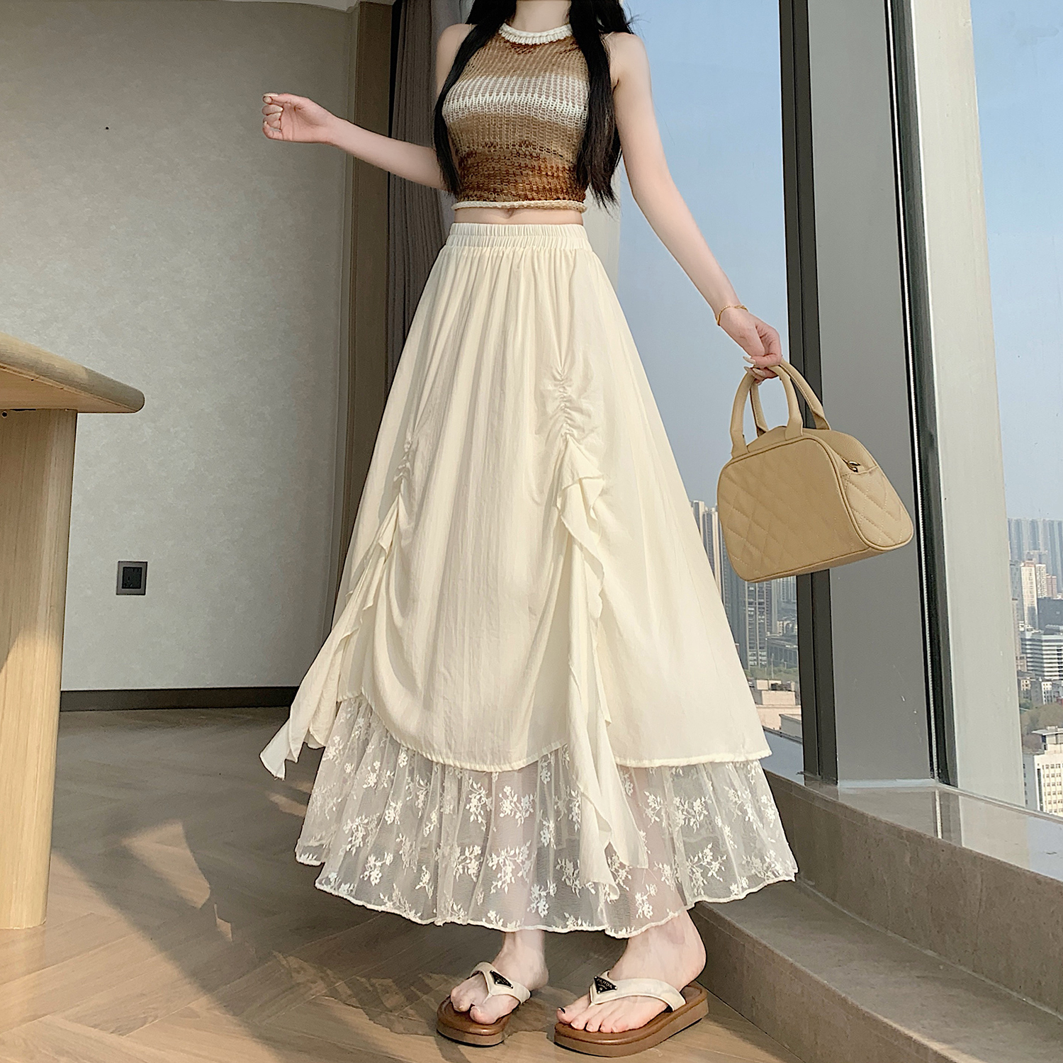 實拍 設計感蕾絲拼接百搭半身裙女夏季新款高腰顯瘦A字大擺中長裙