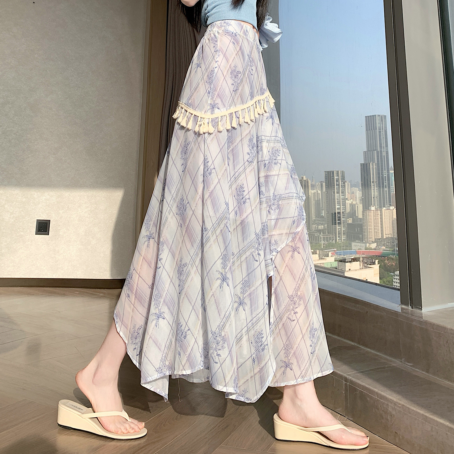 實拍 設計感碎花印染不規則開叉半身裙女夏季流蘇高腰顯瘦A字裙
