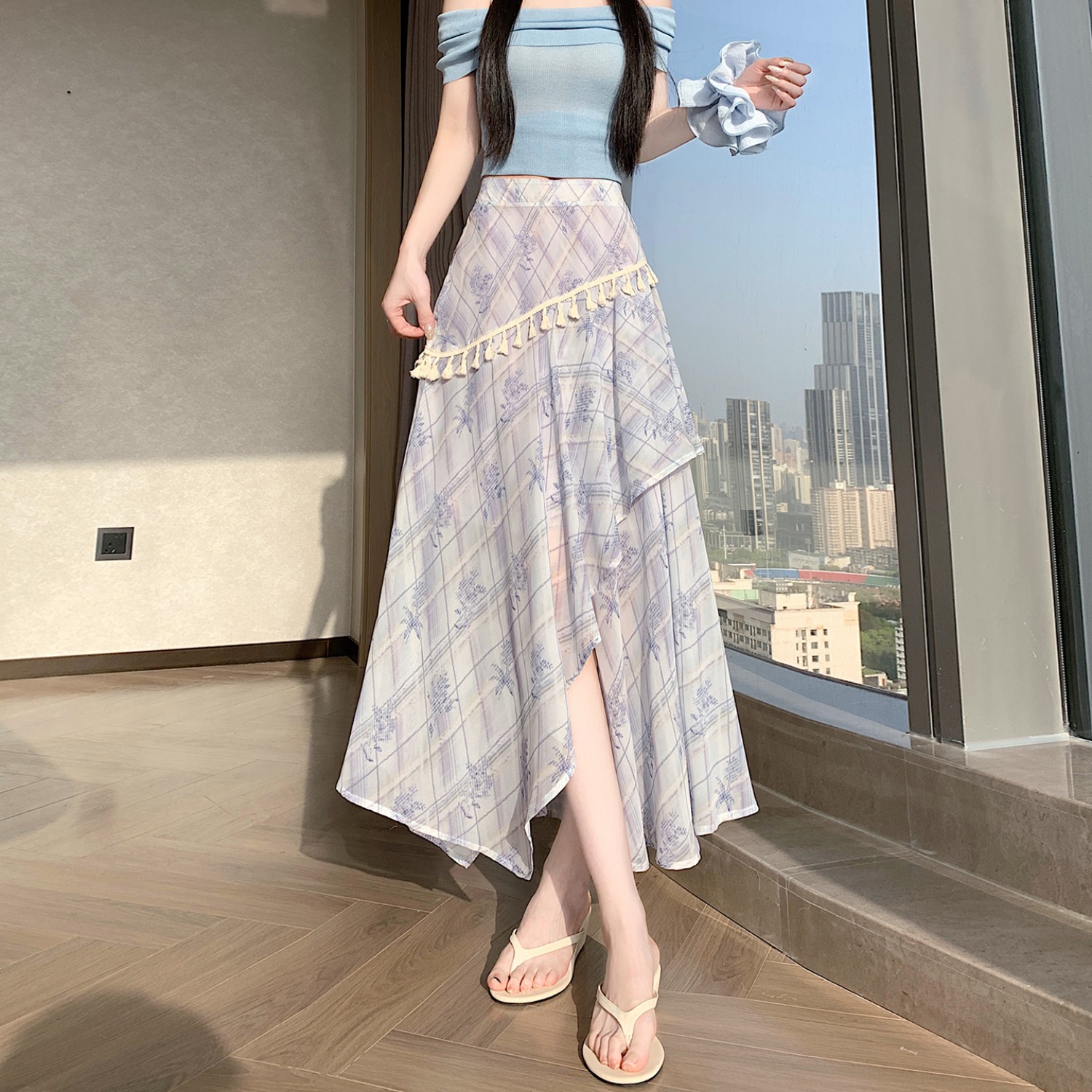 實拍 設計感碎花印染不規則開叉半身裙女夏季流蘇高腰顯瘦A字裙