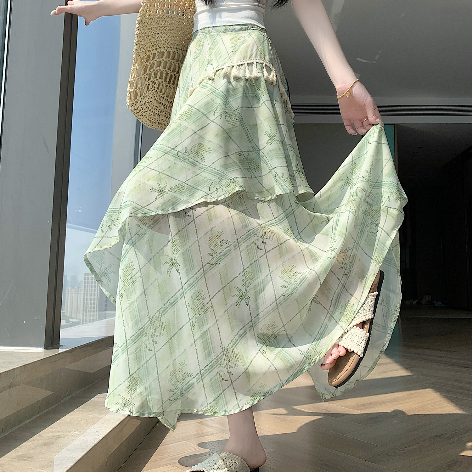 實拍 設計感碎花印染不規則開叉半身裙女夏季流蘇高腰顯瘦A字裙