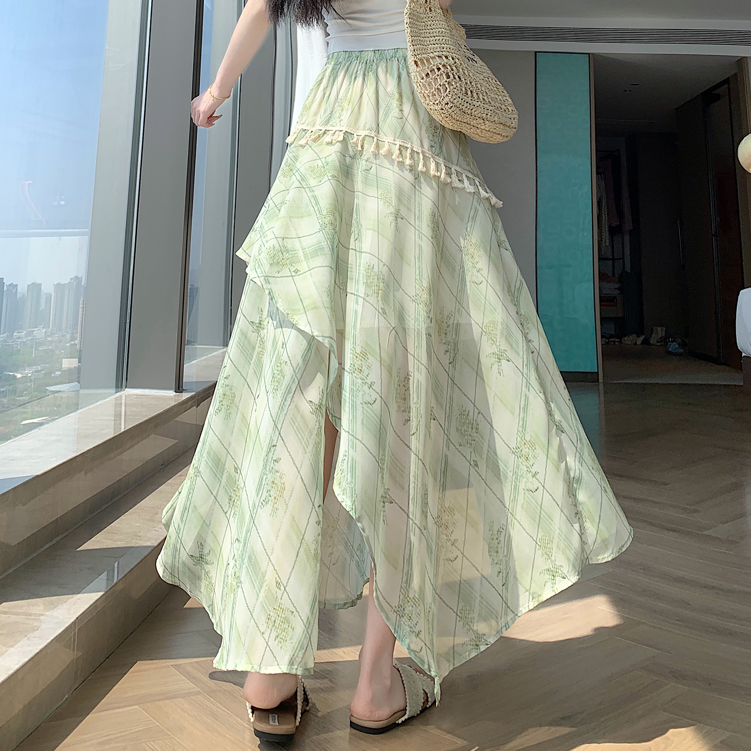 實拍 設計感碎花印染不規則開叉半身裙女夏季流蘇高腰顯瘦A字裙