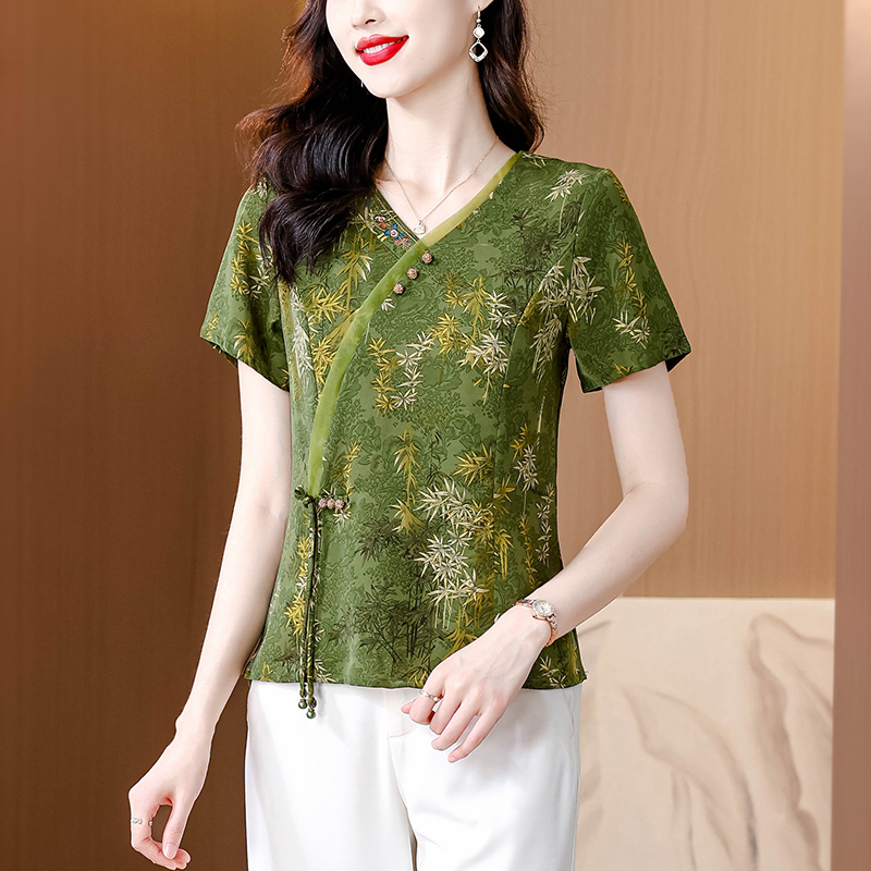 MY15340# 高级感时尚V领短袖雪纺衫女洋气小衫夏季新款小个子减龄打底...