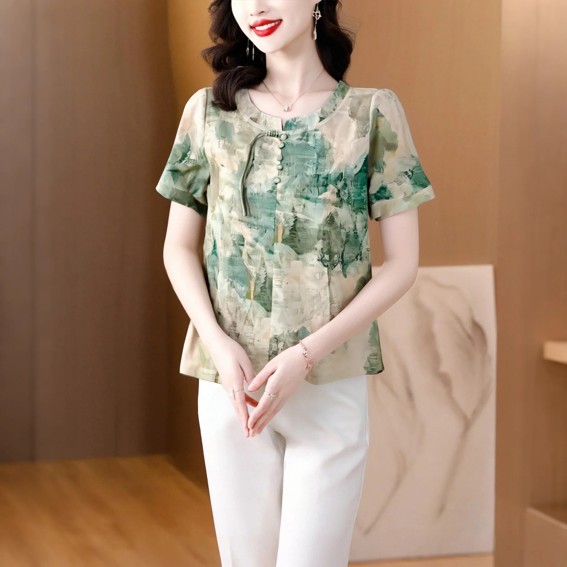 MY15341# 新中式妈妈夏装套装新款雪纺小衫中年女装夏季洋气短袖上衣女...