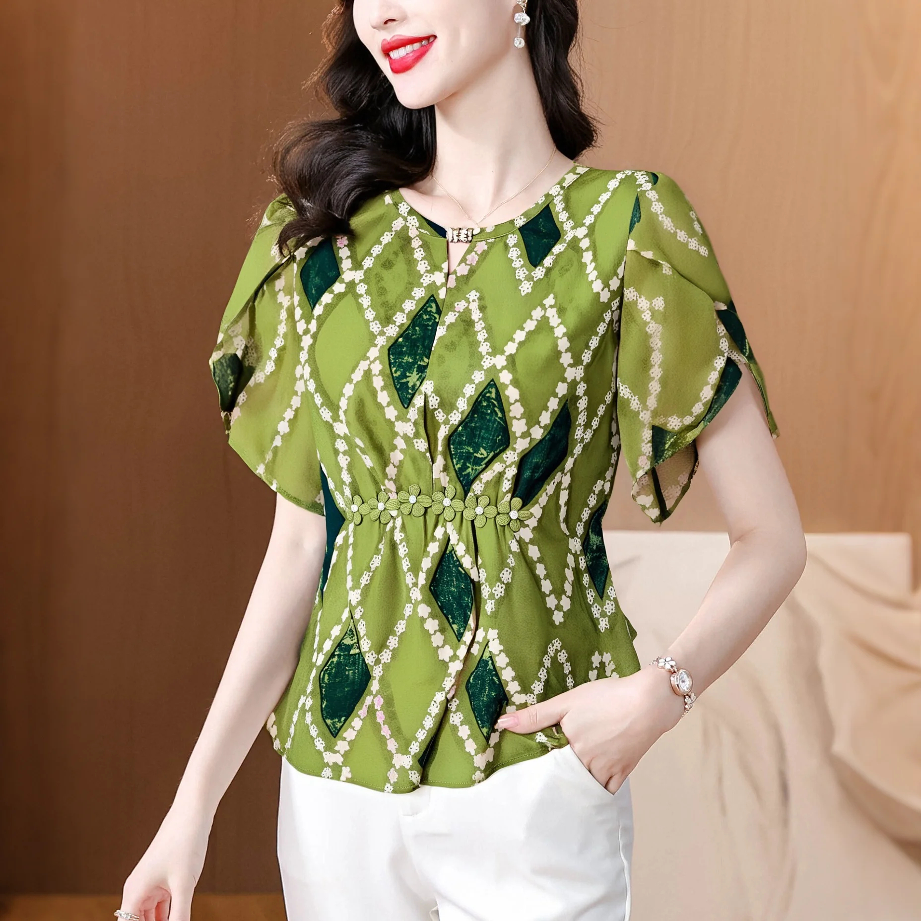 MY9583# 新款妈妈装夏季印花t恤时尚气质中年女装宽松洋气雪纺小衫女裝貨源服裝批發