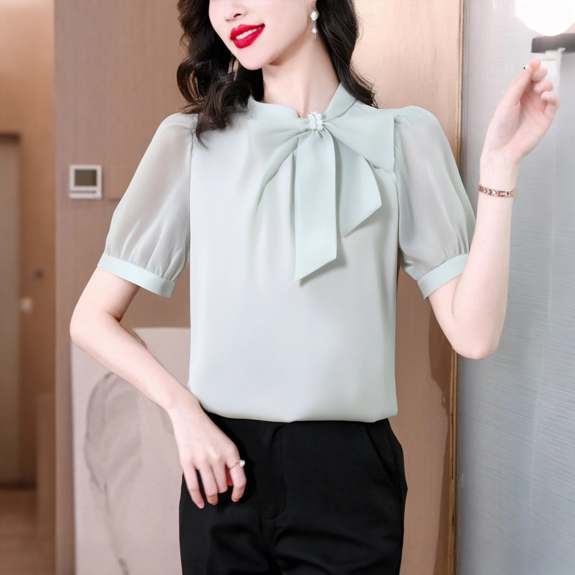 RY1339# 法式温柔蝴蝶结飘带短袖衬衫女装纯色夏季新款拼接袖职业通勤上...