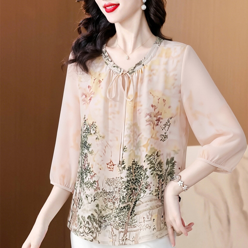 RY1334# 时尚七分袖雪纺衬衫女夏装新款气质显瘦短款小衫洋气妈妈田园上...