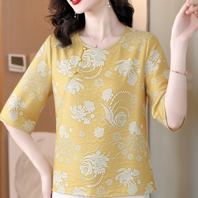 RY1337# 妈妈夏季新款提花缎面国风新中式小衫短袖圆领衬衫百搭气质上衣...